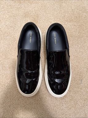 Tory Burch Black Patent Leather Slip-On Sneakers with White Sole
